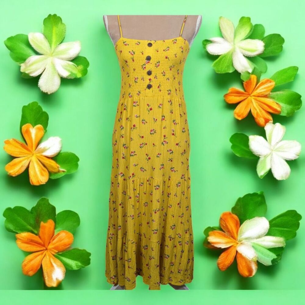 Boho Cottage Peasant Prairie Beachy Floral Smocked Maxi Dress Yellow Medium